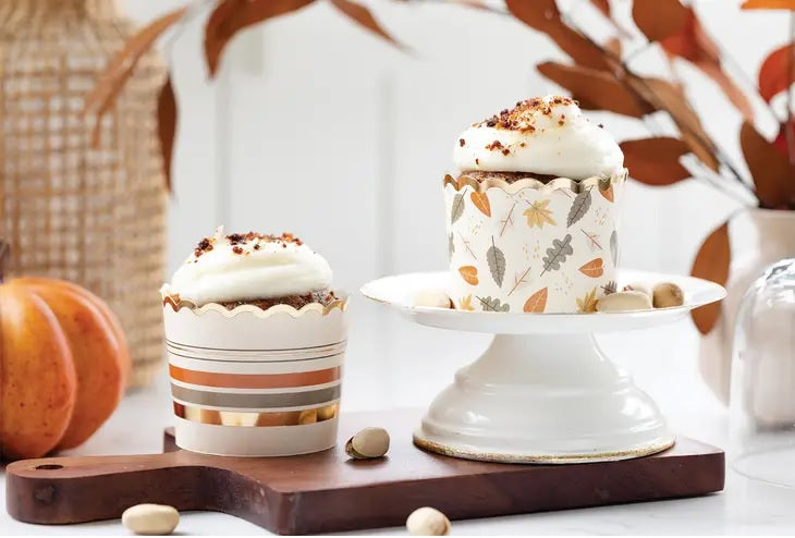 Gold Foil Falling Leaves and Stripes Food/Baking Cups (36 pcs)
