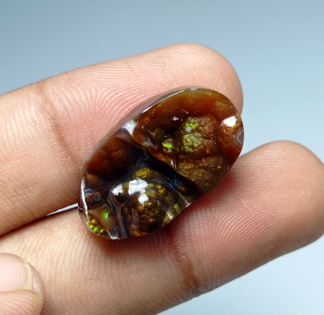 19ct Natural Long-Oval Carved Rare Mexican Fire Agate, Dimensions 26x15x6mm