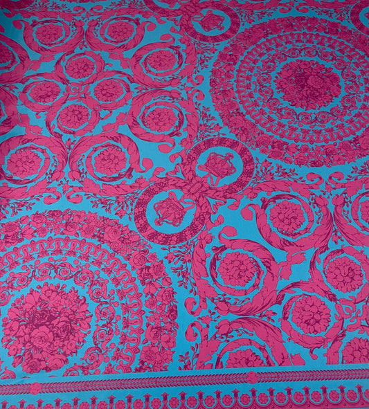 Baroque Floral Spandex Fabric Turquoise Pink by the Metre