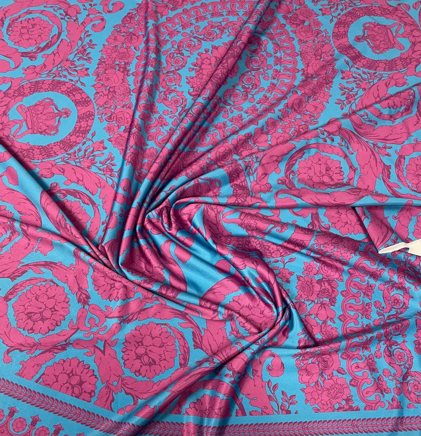 Baroque Floral Lycra Stretch Fabric Turquoise Pink by the Metre