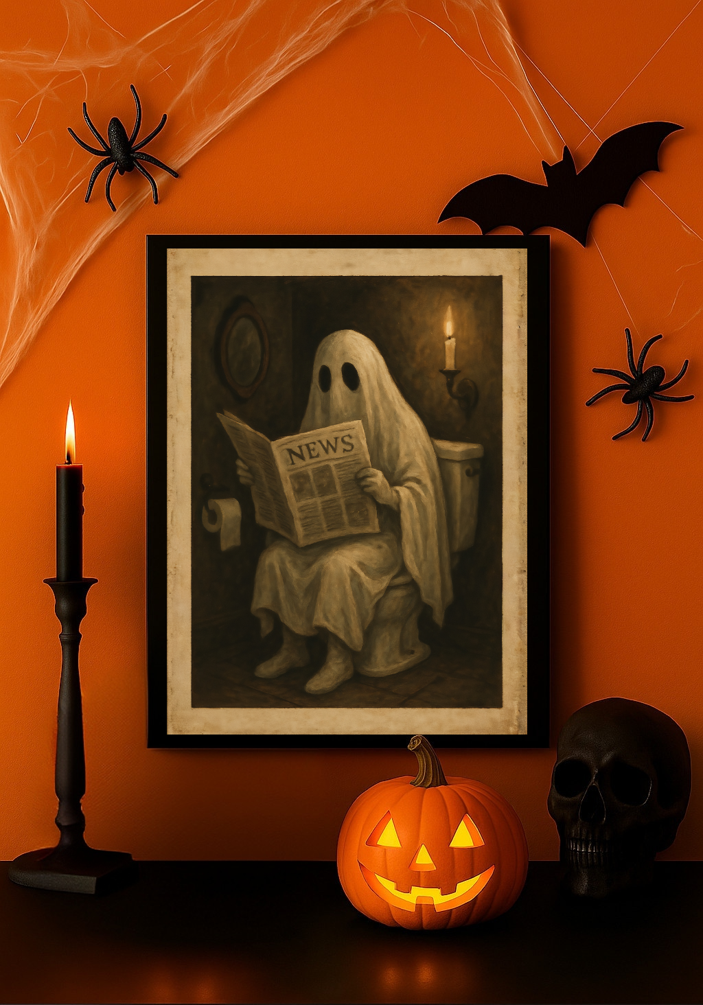 Funny Ghost on Toilet Reading Newspaper – Spooky Vintage Halloween Wall Art Print