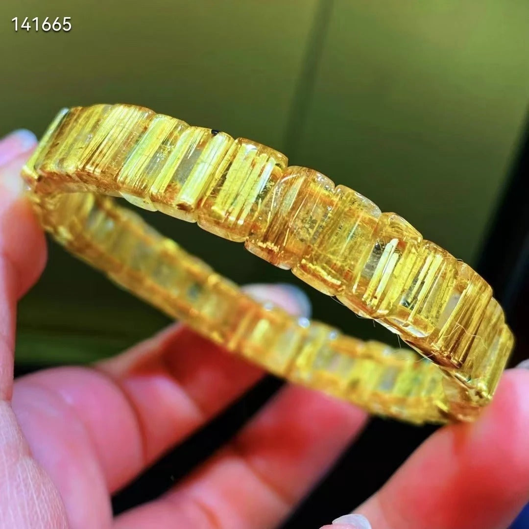Genuine Natural Gold Rutilated Quartz Flower Gemstone Bracelet Bangle 8.5x6mm