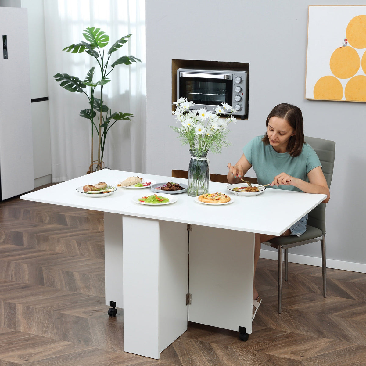 HOMCOM Mobile Drop Leaf Dining Table Folding Desk w/ 2 Wheels White