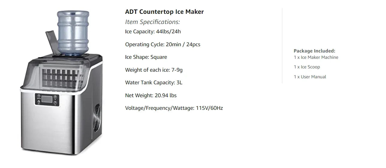 Hicon Countertop Ice Maker Machine 1 Gallon Auto Self-Cleaning Square Ice 44Lbs/24H 24 Pcs Ice Cubes in 15 Mins with Ice Scoop