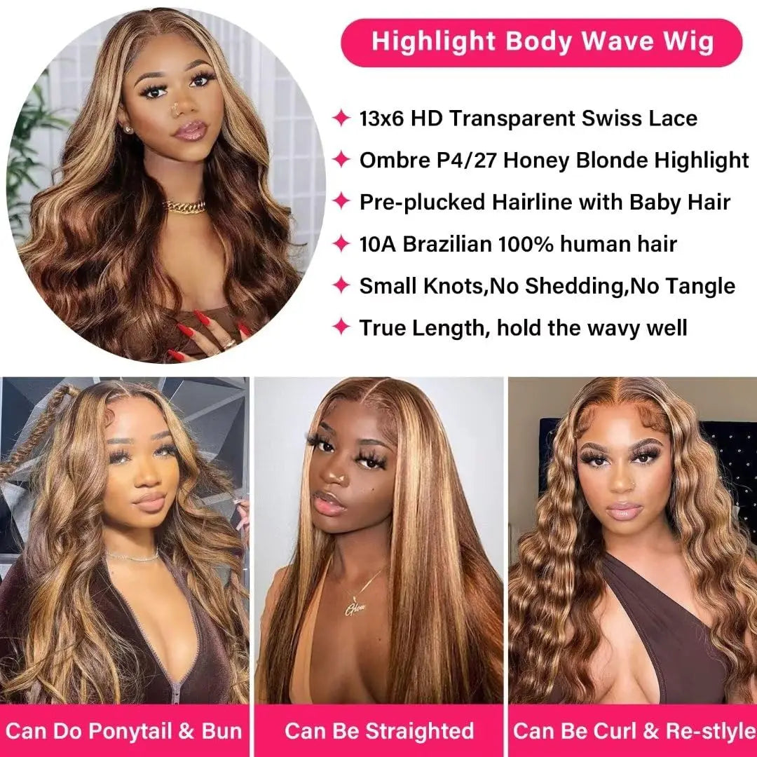 13x4 Highlight P4/27 Body Wave Lace Frontal Human Hair Wig Honey Blonde Colored 13x6 HD Lace Front Wigs for Women Pre Plucked