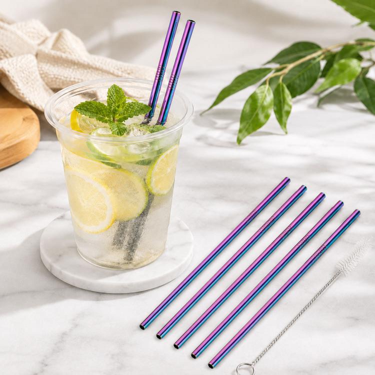 5pcs Reusable Stainless Steel Straight Drinking Straw + Cleaner Brush Set Kit, 215*8mm, 215*8mm (Straight)