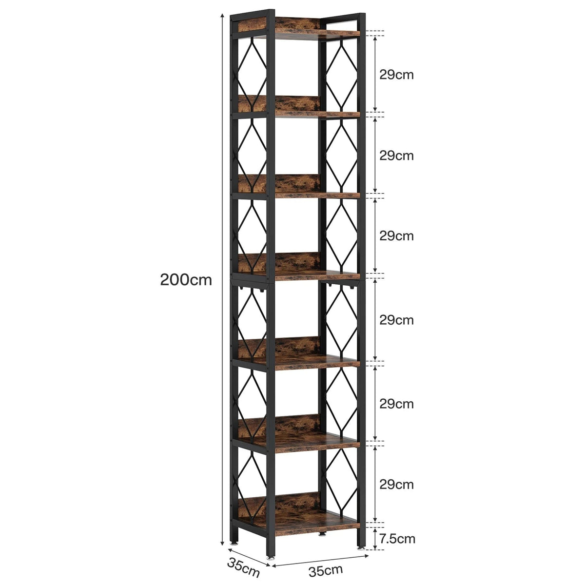 200cm Slim 7-Tier Industrial Bookshelf - Rustic Wood & Black Metal Display Tower.