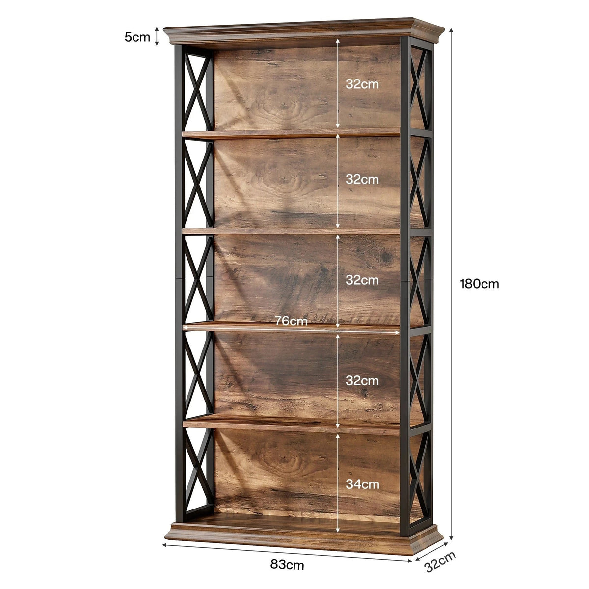 180cm 5-Tier Rustic Industrial Bookcase - Large Open Shelf Display & Storage