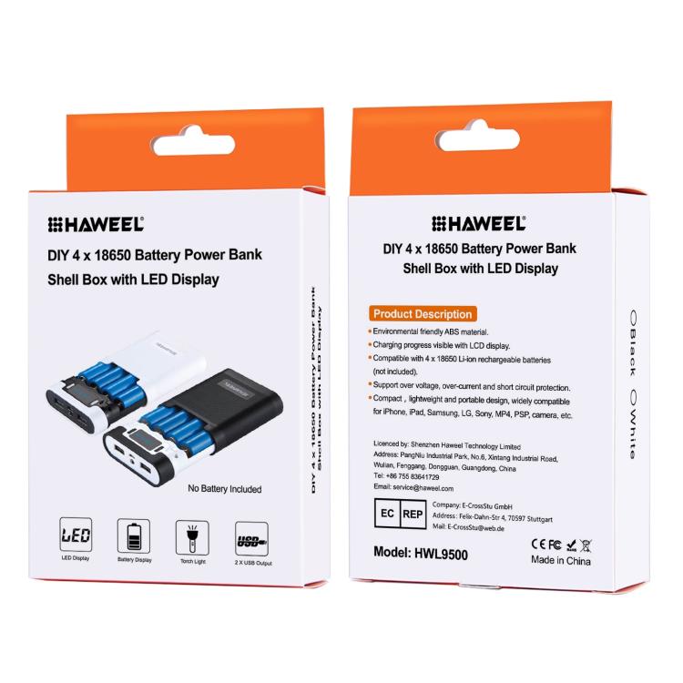 HAWEEL DIY 4 x 18650 Battery (Not Included) 10000mAh Power Bank Shell Box with 2 x USB Output & Display for iPhone, Galaxy, Sony, HTC, Google, Huawei, Xiaomi, Lenovo and other Smartphones(White)