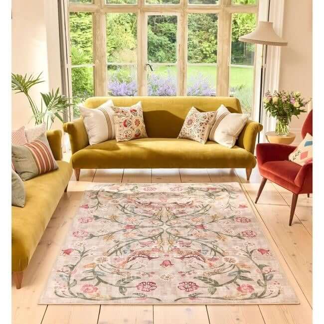 Eco-Washable Beige Rug Floral Design