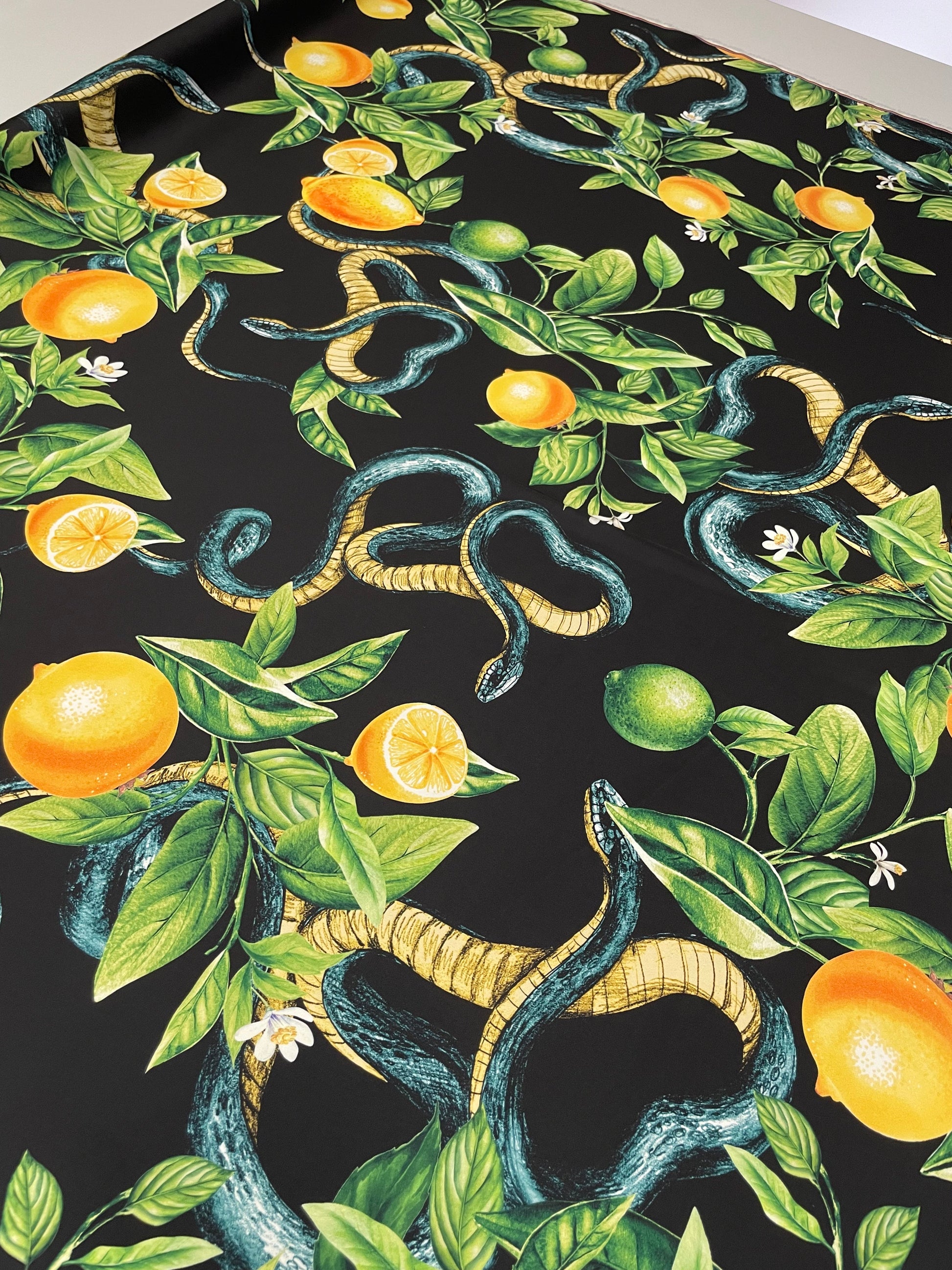 Black Satin Fabric with Snake & Citrus Print