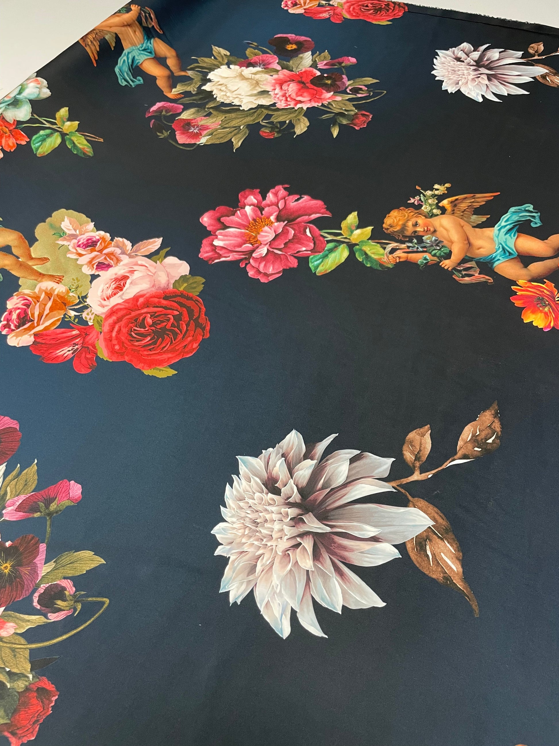 Black Satin Fabric with Floral & Cherub Print