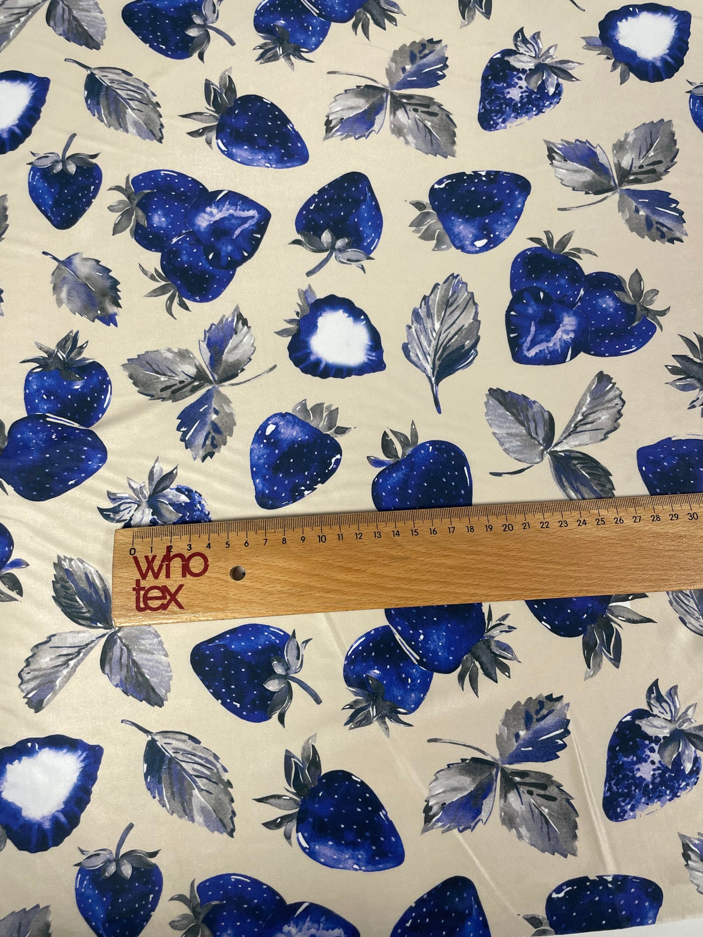 Blue Strawberry Print Lycra Stretch Fabric by the Metre