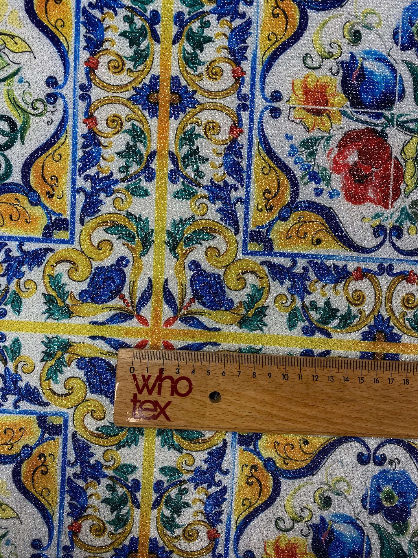 Mediterranean Tile Print Lurex Fabric with Shine