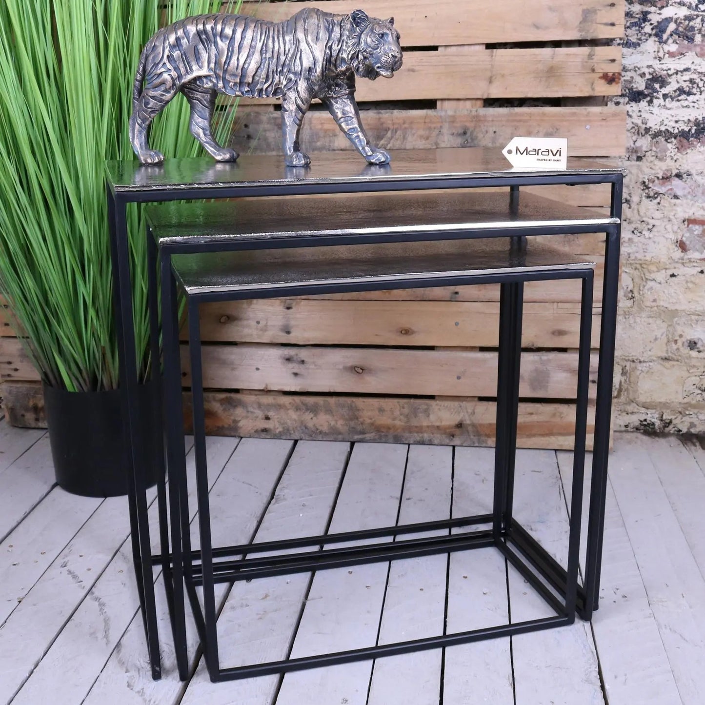 Karari Silver Nest of Tables Rectangular Aluminium Distressed Finish