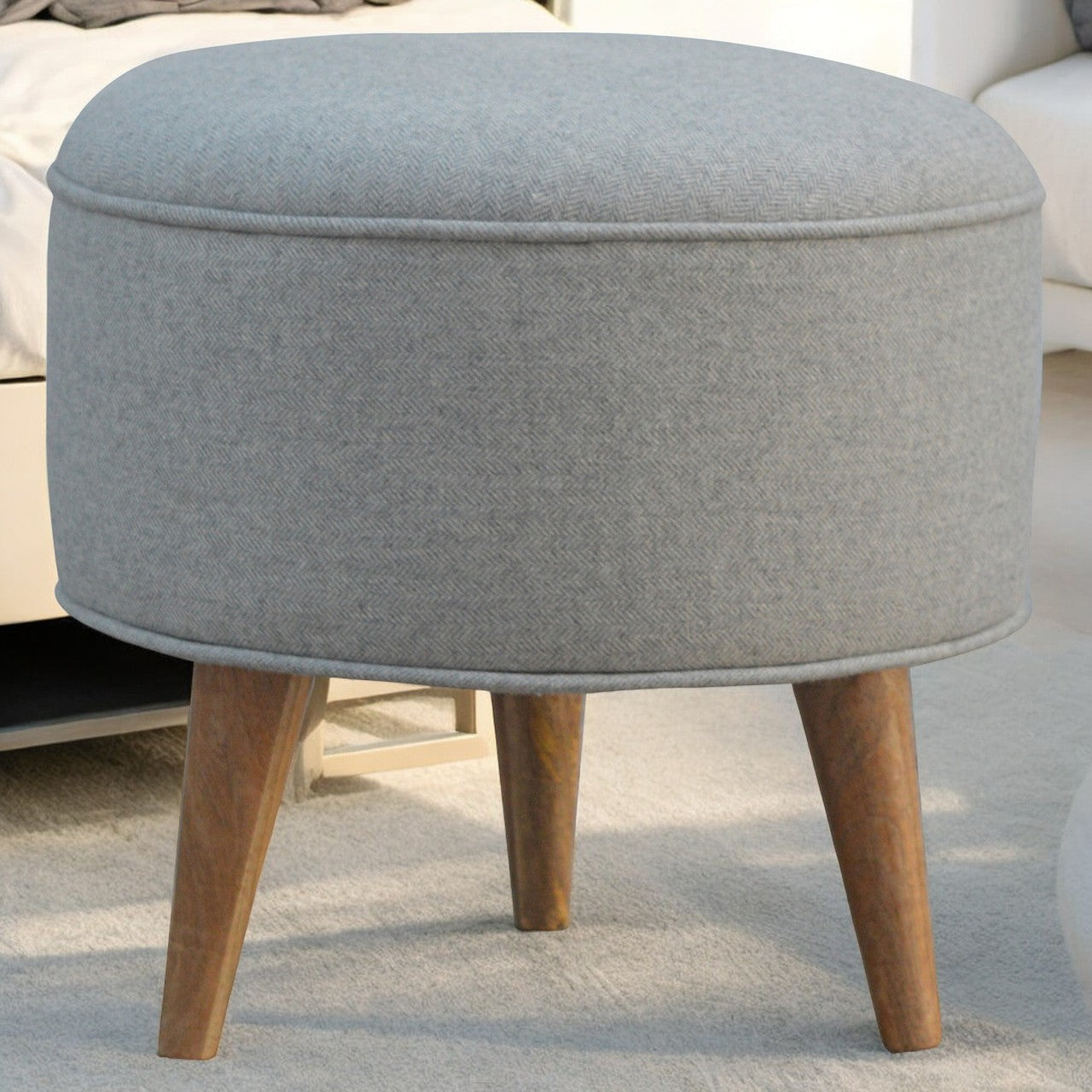 Round Grey Tweed Footstool