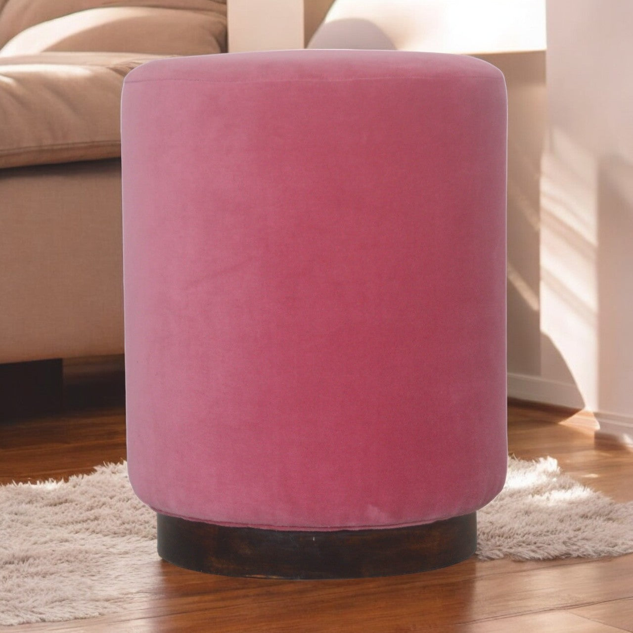 Pink Velvet Wooden Footstool