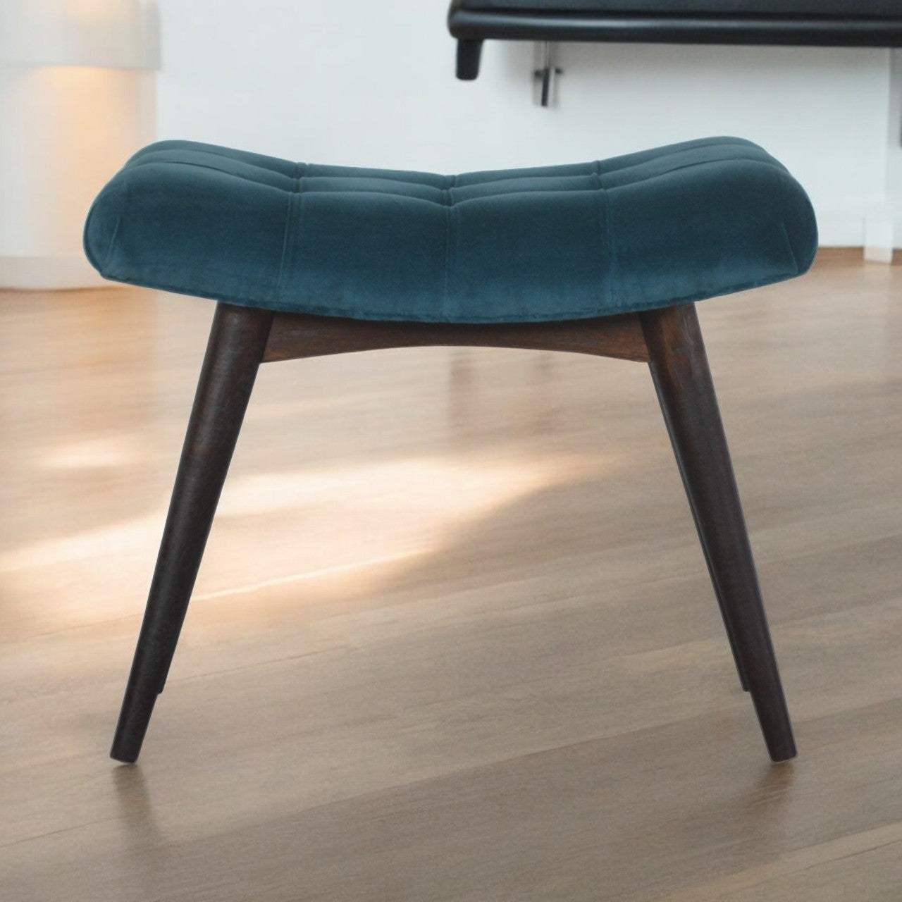 Teal Cotton Velvet Curved Bench
