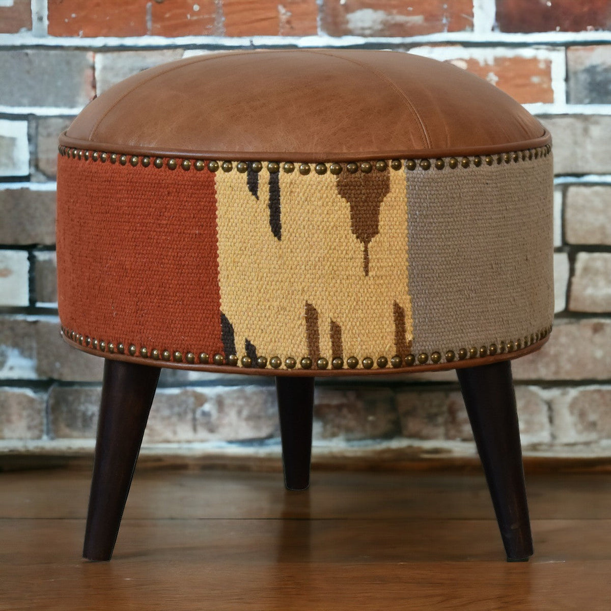 Durrie & Leather Mixed Footstool