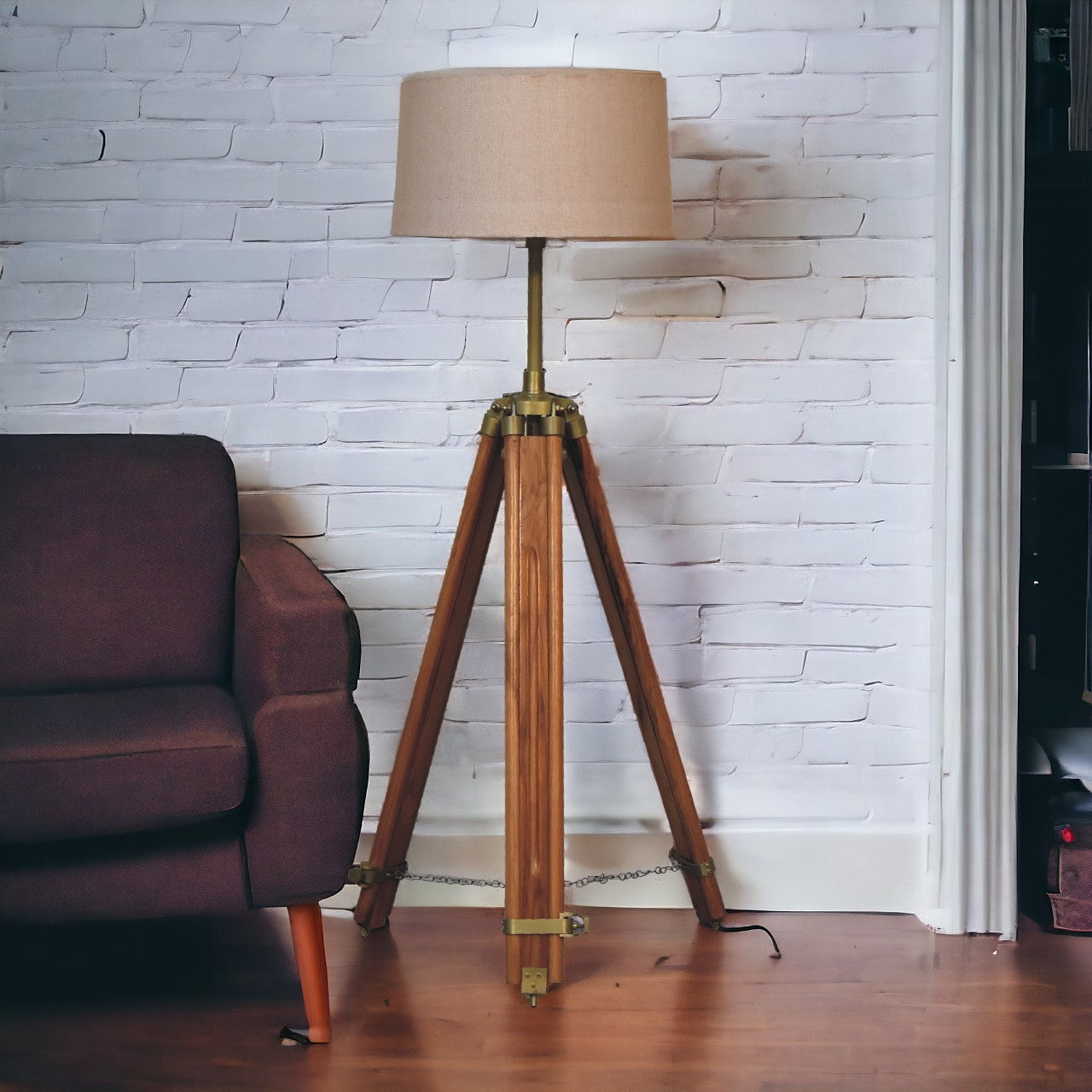Wooden Brass Teak Floor Lamp