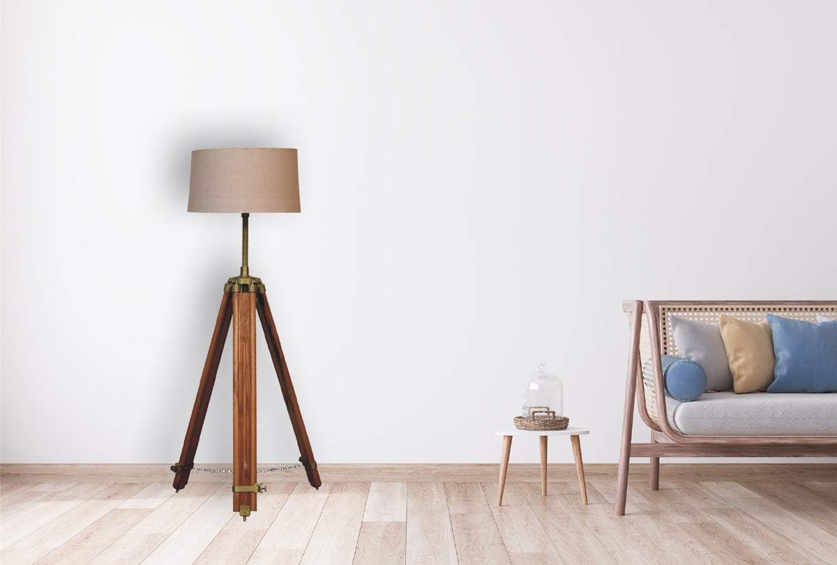 Wooden Brass Teak Floor Lamp