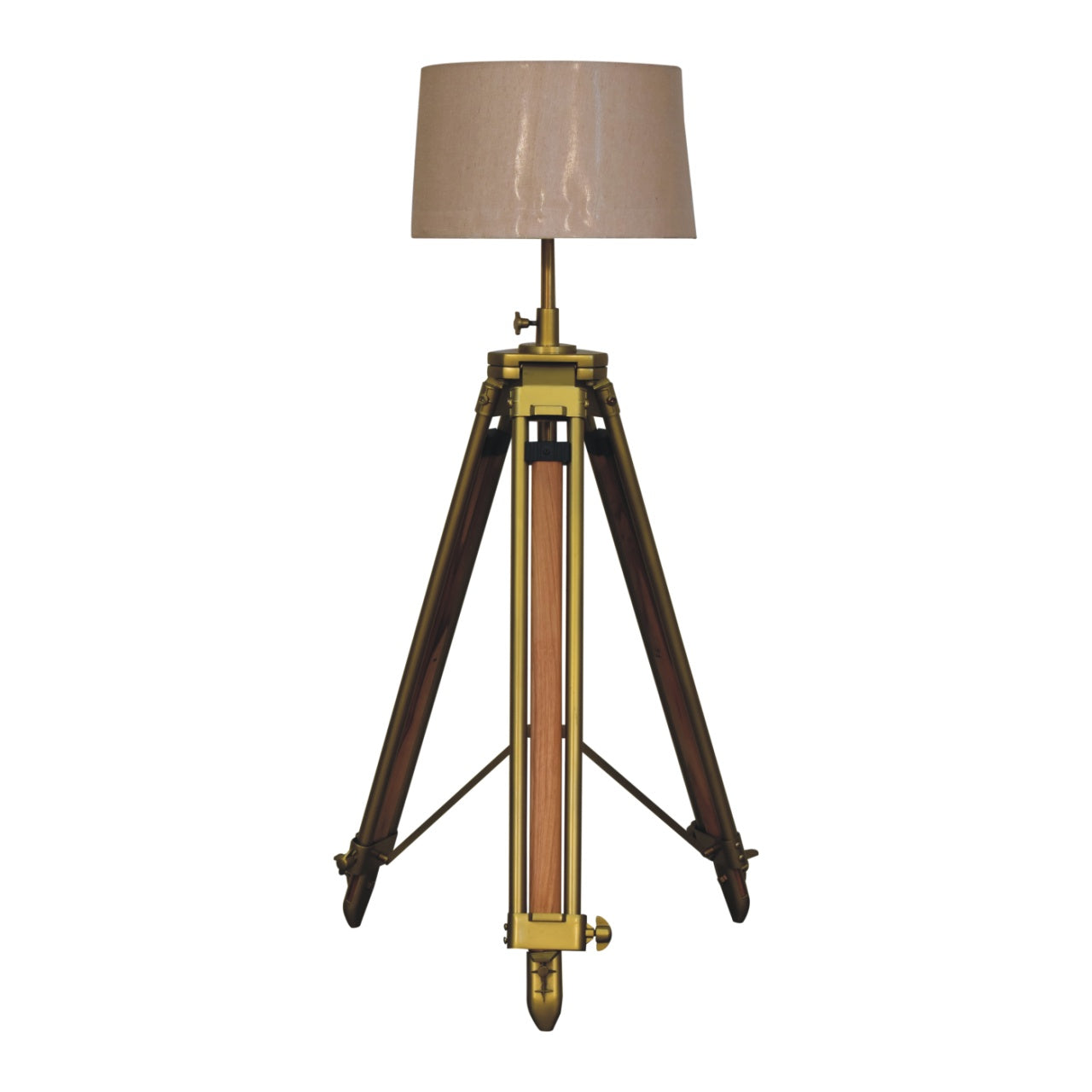 Brass Plated Wooden Floor Lamp with Tripod Teak Base
