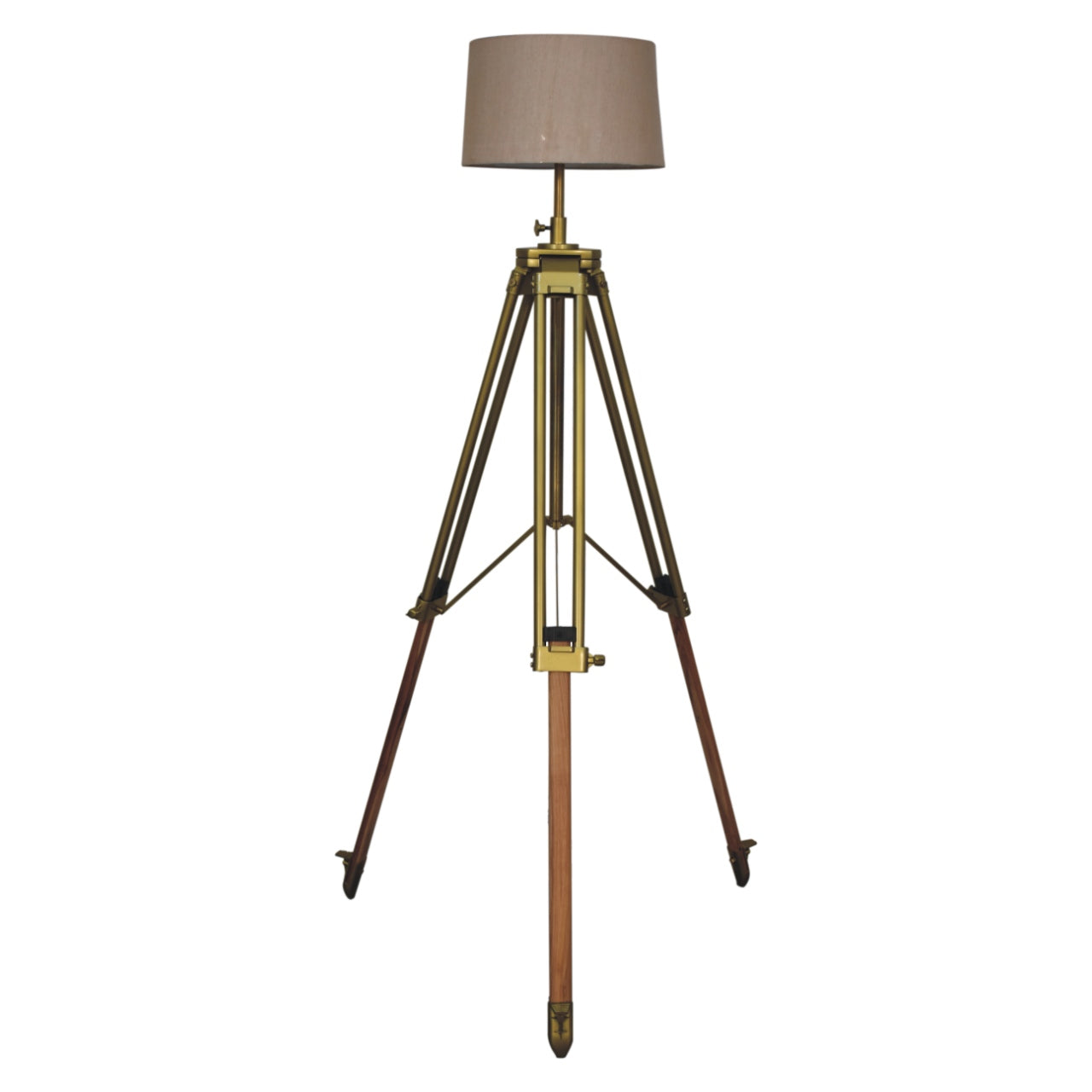 Brass Plated Wooden Floor Lamp with Tripod Teak Base