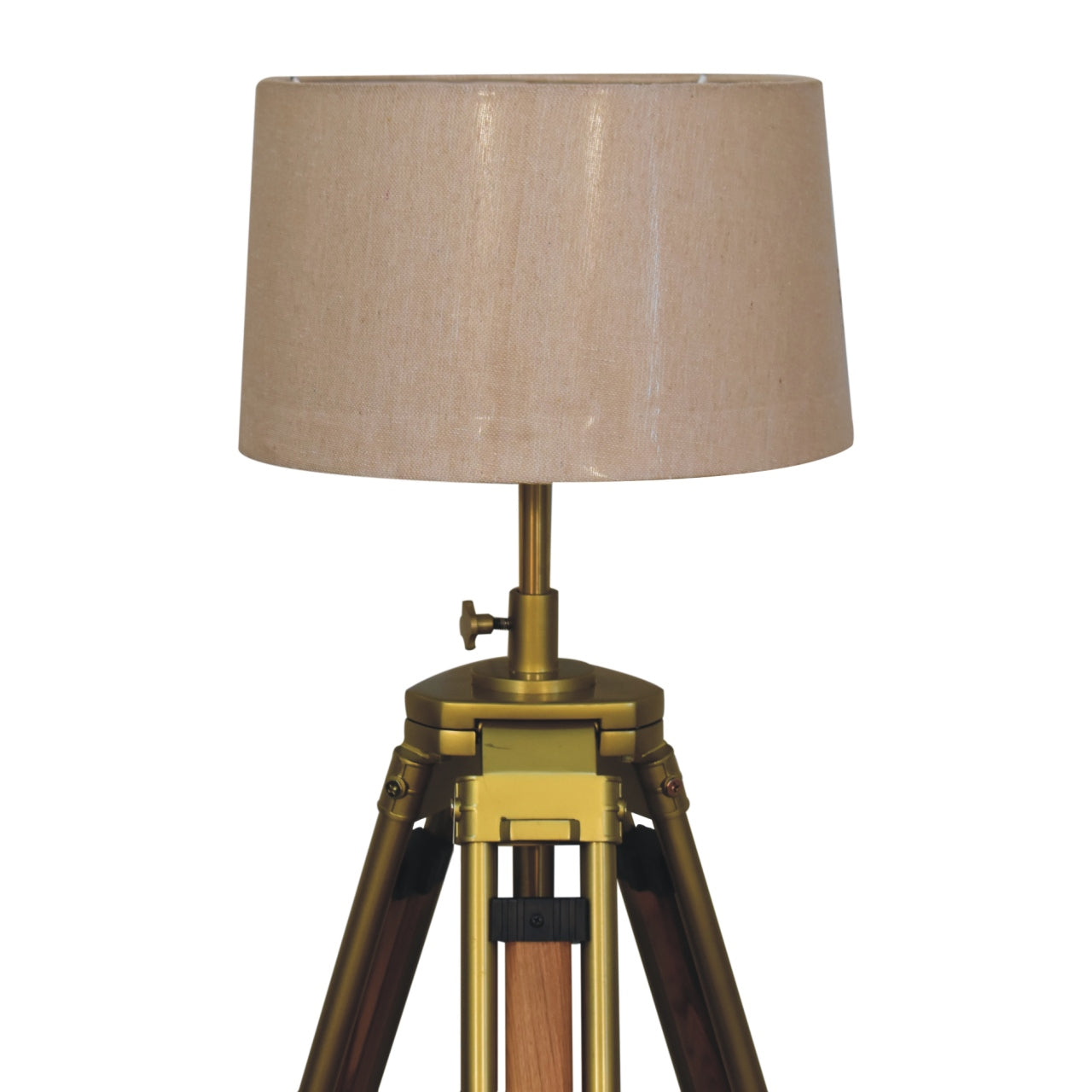 Brass Plated Wooden Floor Lamp with Tripod Teak Base