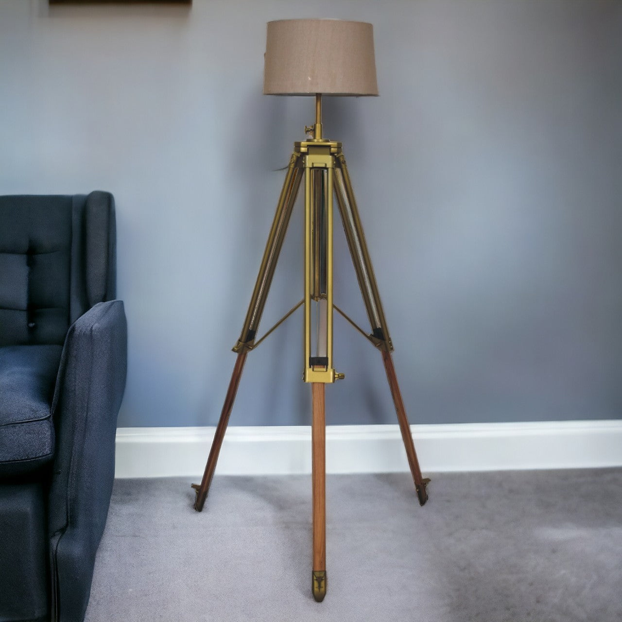 Brass Plated Wooden Floor Lamp with Tripod Teak Base