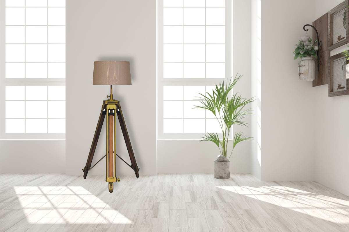 Brass Plated Wooden Floor Lamp with Tripod Teak Base