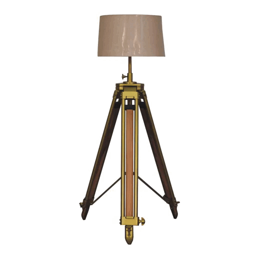 Brass Plated Wooden Floor Lamp with Tripod Teak Base
