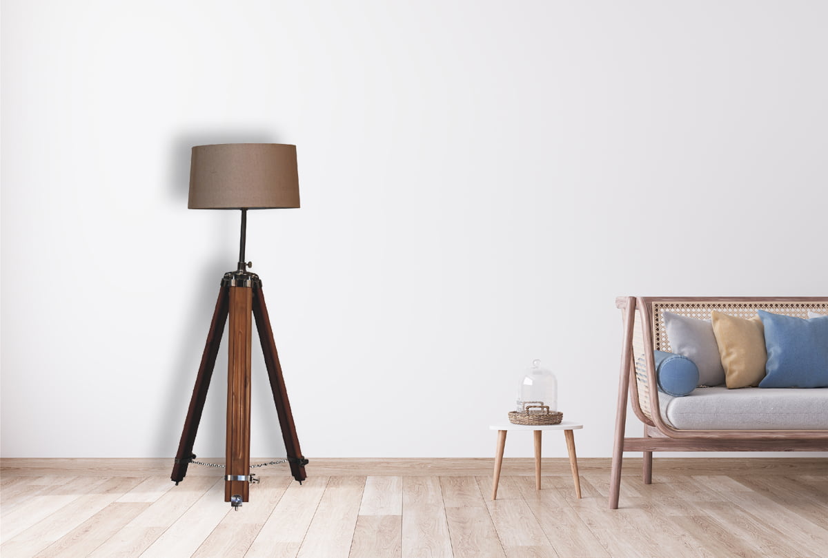 Chrome x Wood Teak Floor Lamp