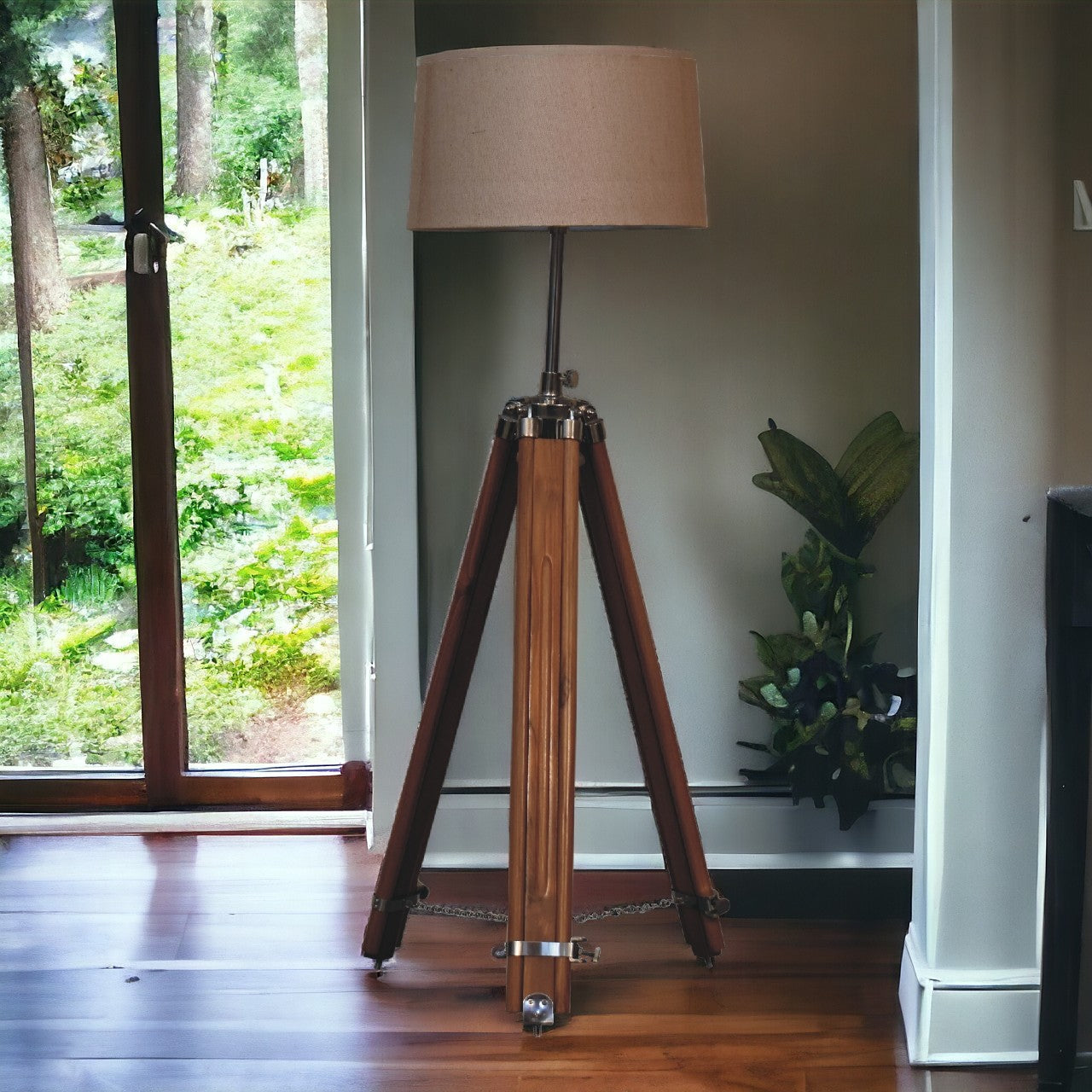 Chrome x Wood Teak Floor Lamp