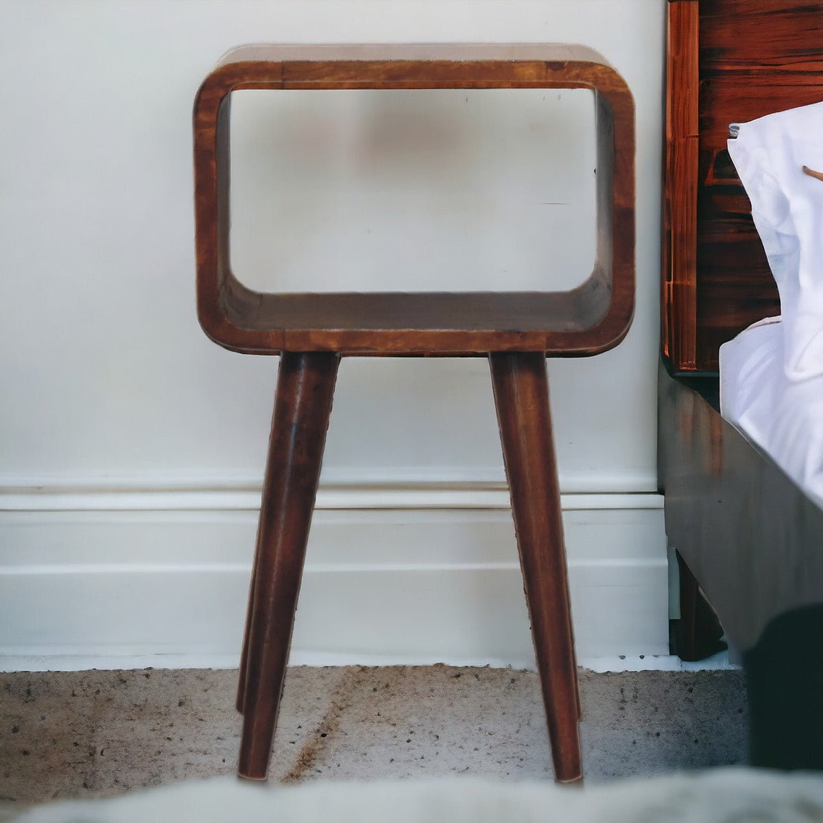 Mini Chestnut Curved Open Bedside Table