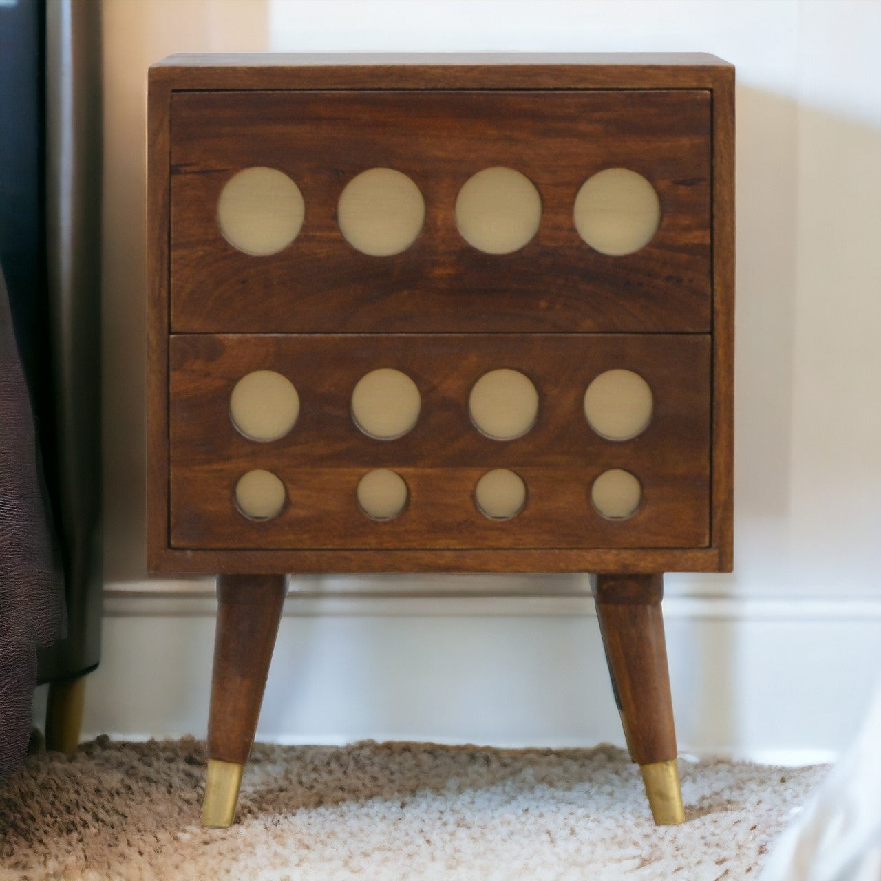 Chestnut Brass Cut-out Bedside