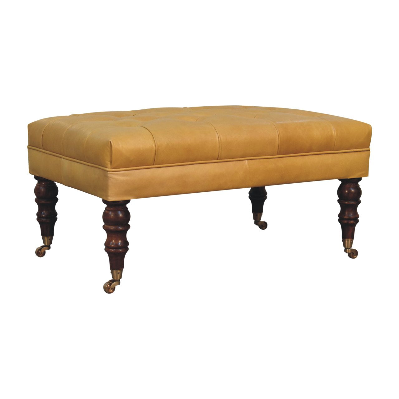 Honey Caramel Buffalo Tan Leather Ottoman with Castor Legs
