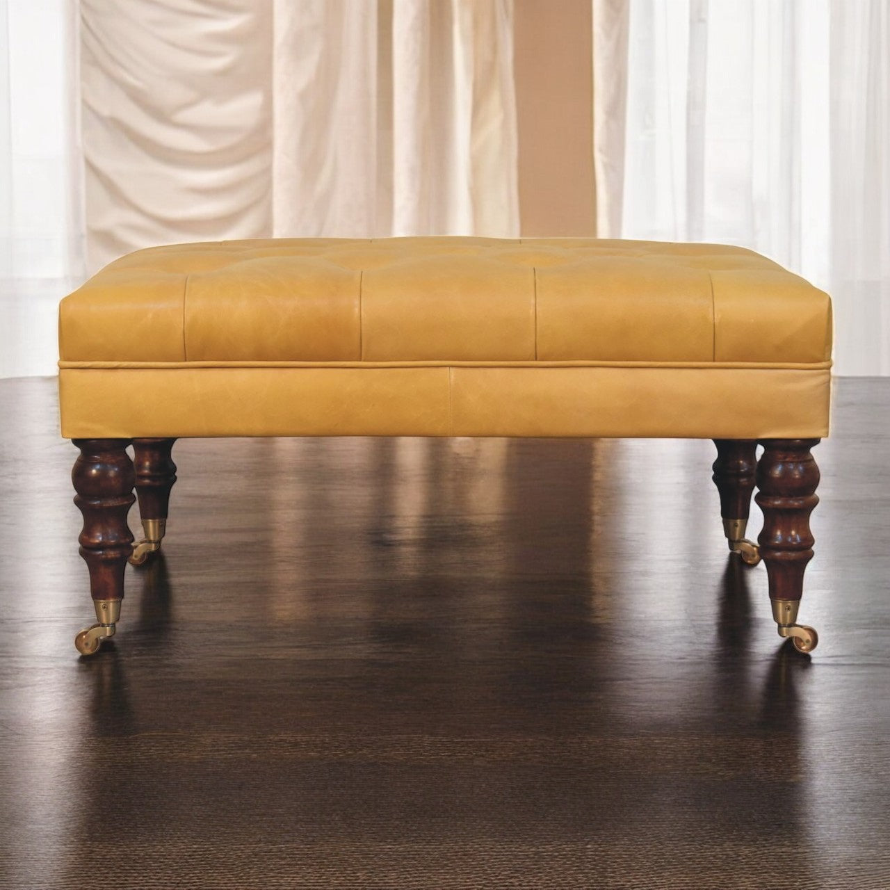 Honey Caramel Buffalo Tan Leather Ottoman with Castor Legs