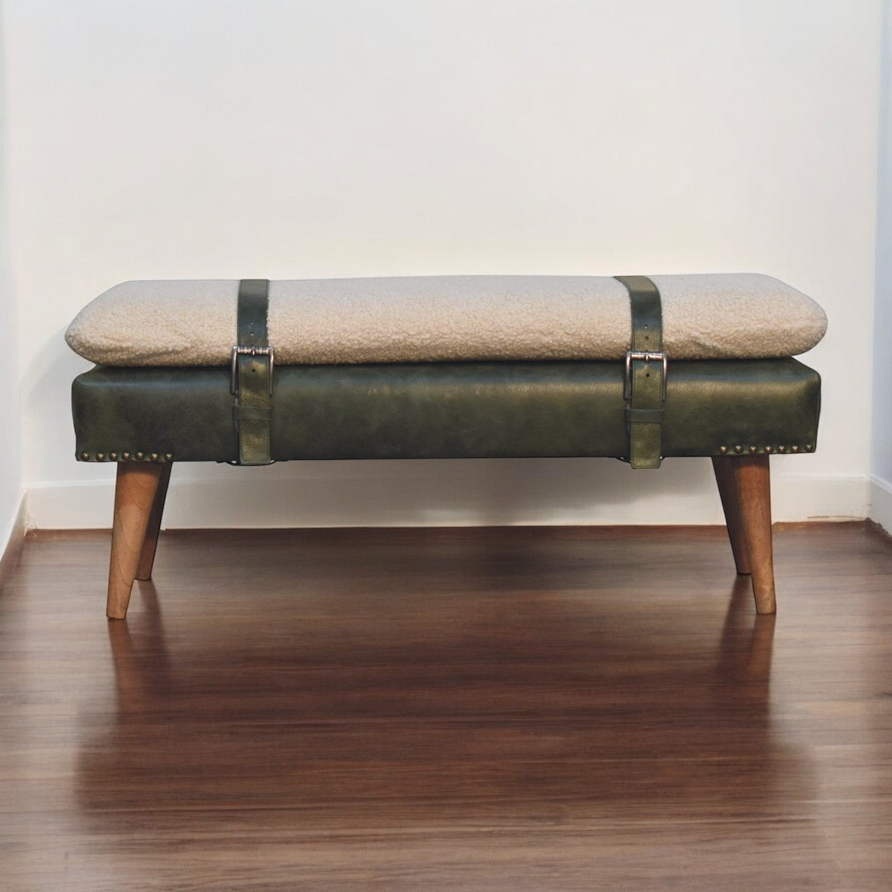 Buffalo Hide Olive Green Leather Bench