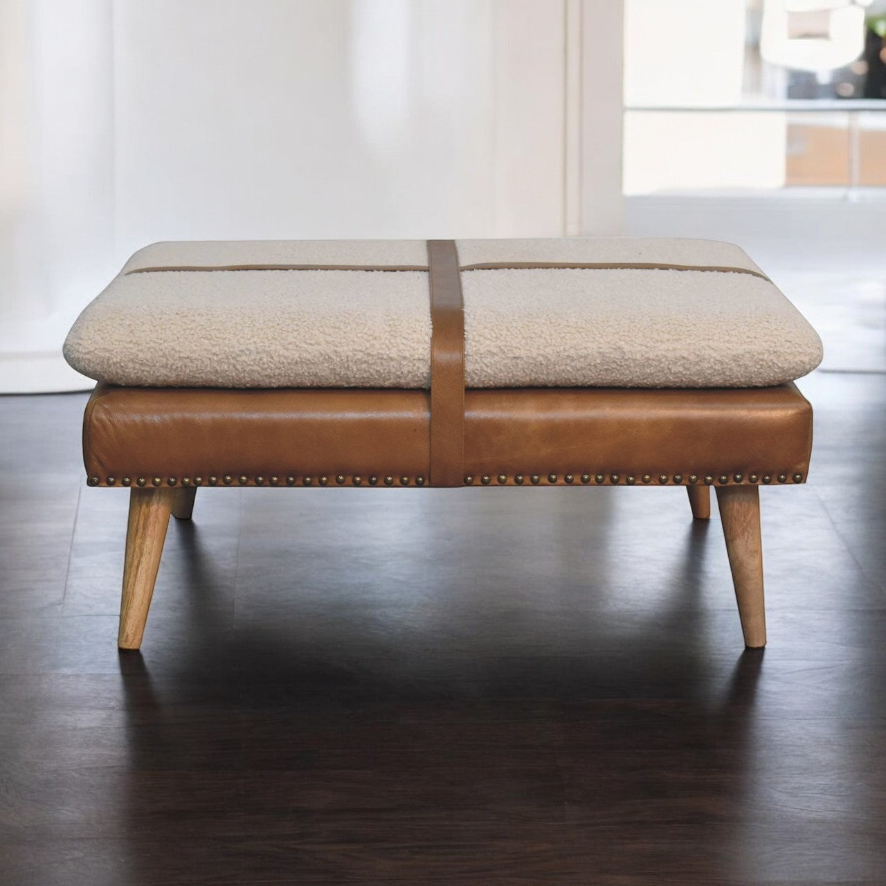 Large Square Bouclé Buffalo Hide Brown Leather Footstool