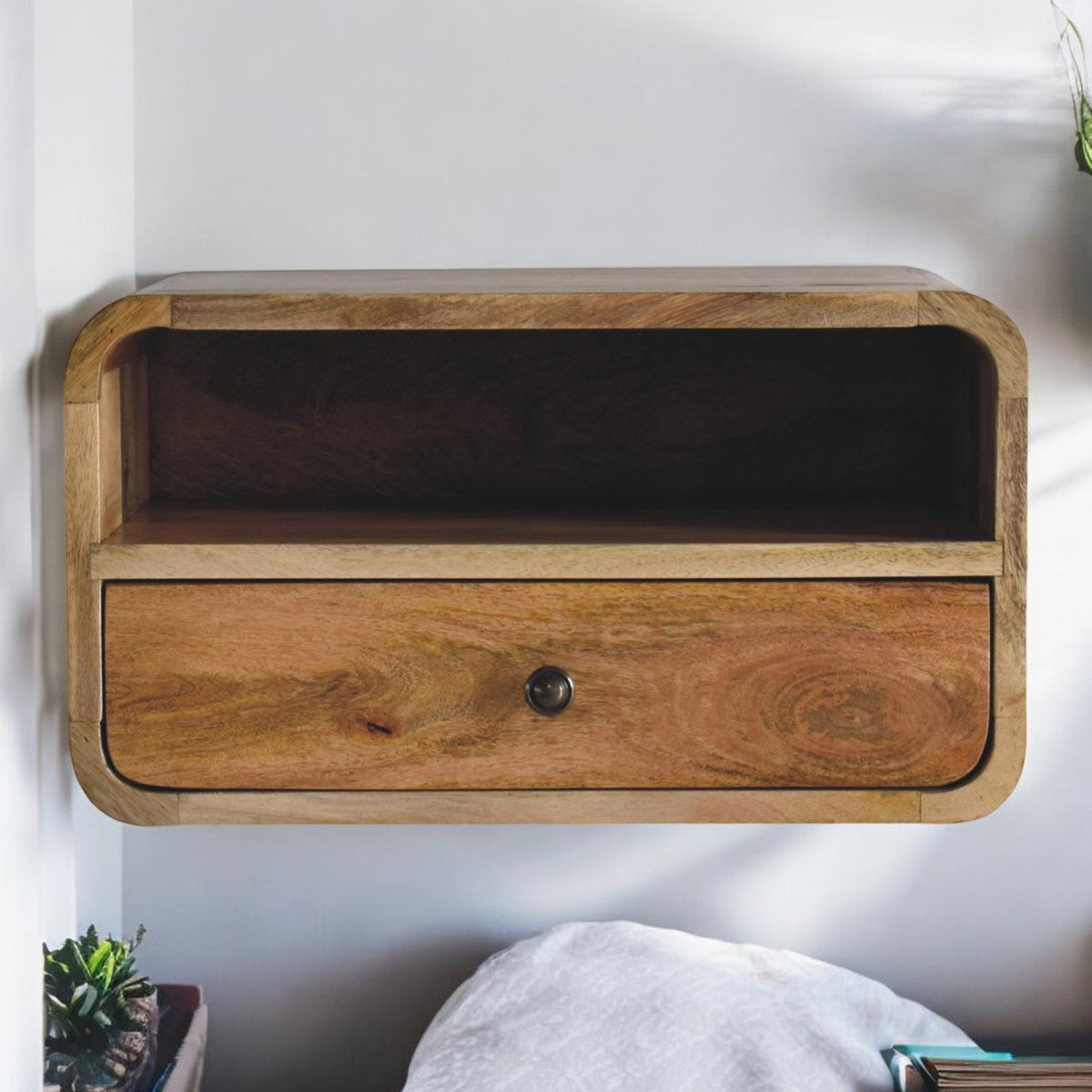 Large Oak-ish Curve Upper Slot Floating Bedside Table