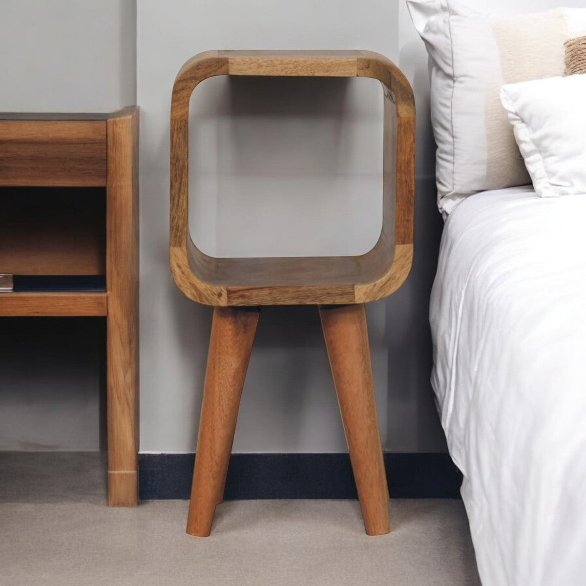 Extra Mini Minimalist Open Curved Oak-ish Bedside Table