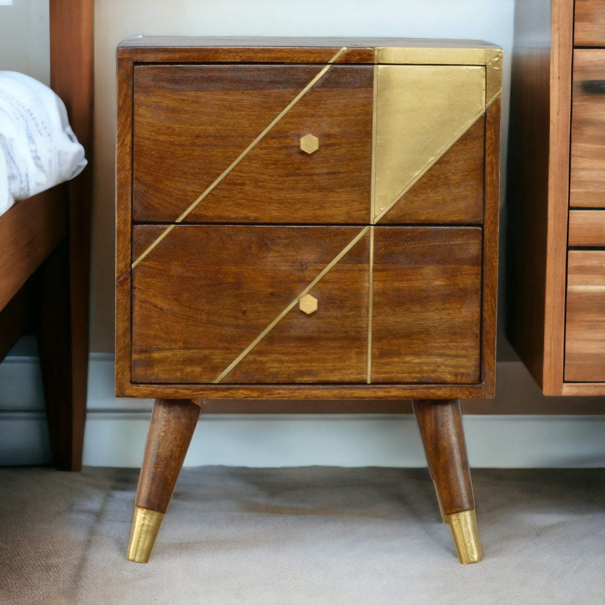 Gold Geometric Chestnut Bedside Table
