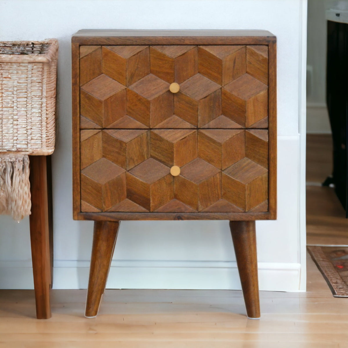 Chestnut Cube Carved Bedside Table