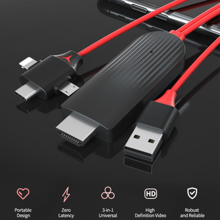 MiraScreen L7-8 3 in 1 8 Pin Micro USB USB-C / Type-C to HDMI Video Converter Cable, Cable Length: 2m