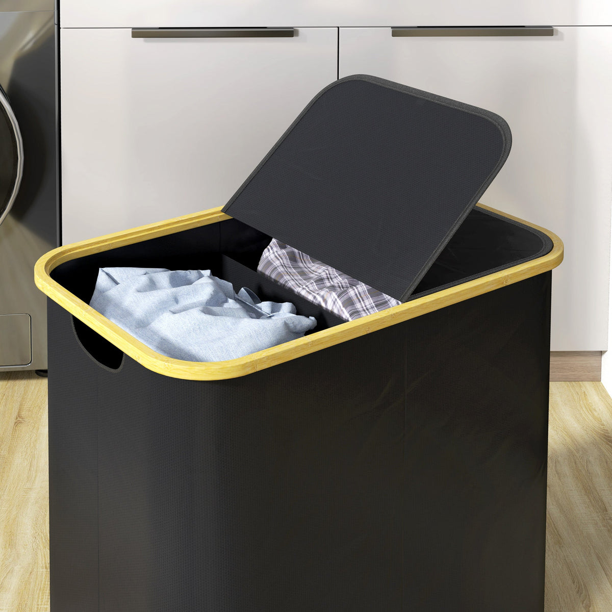 HOMCOM 80L Collapsible Laundry Hamper, Washing Basket for Bathroom, Black