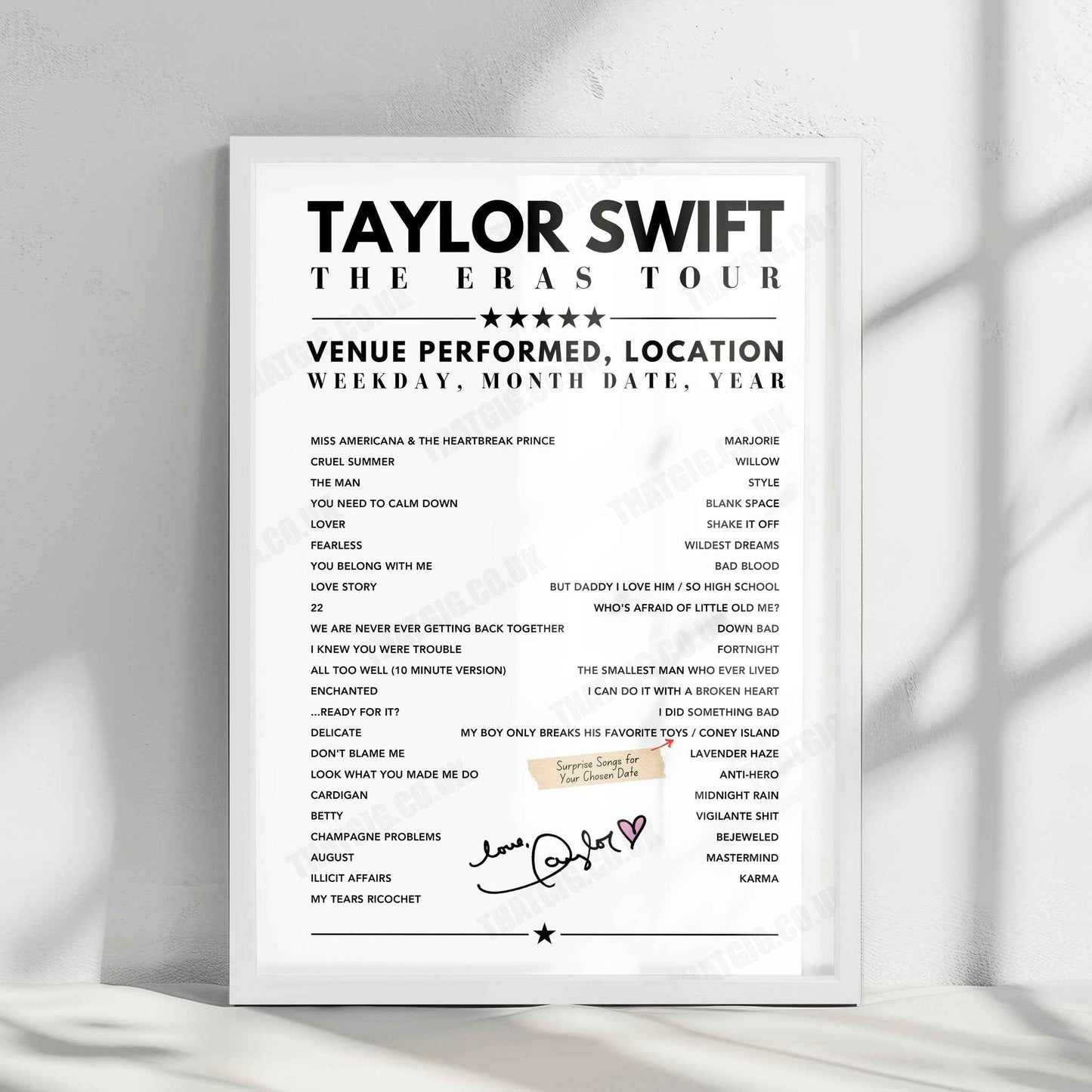 Taylor Swift Setlist Poster - National Stadium, Singapore - March 9th, 2024
