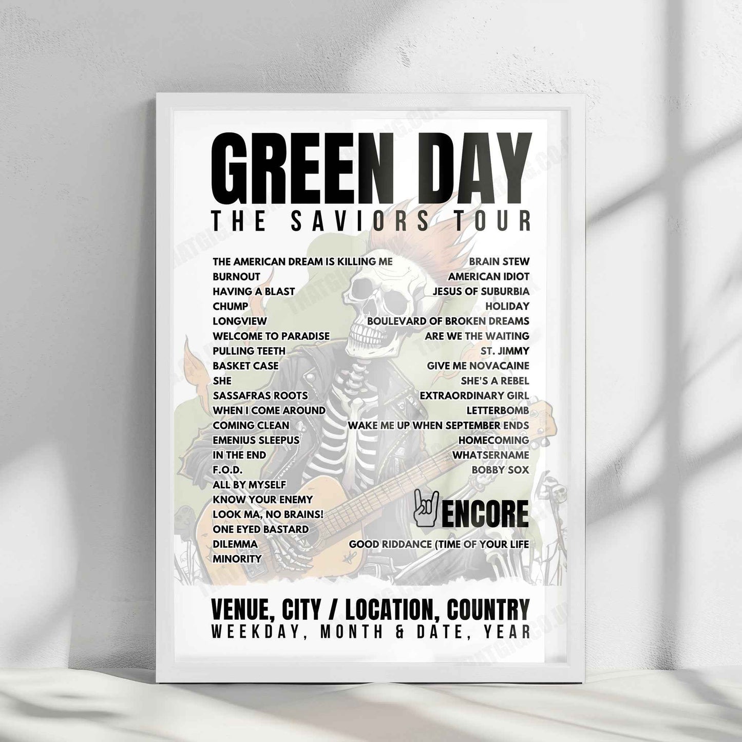 Green Day Setlist Poster - Mahalaxmi Race Course, Mumbai - March 9th, 2025