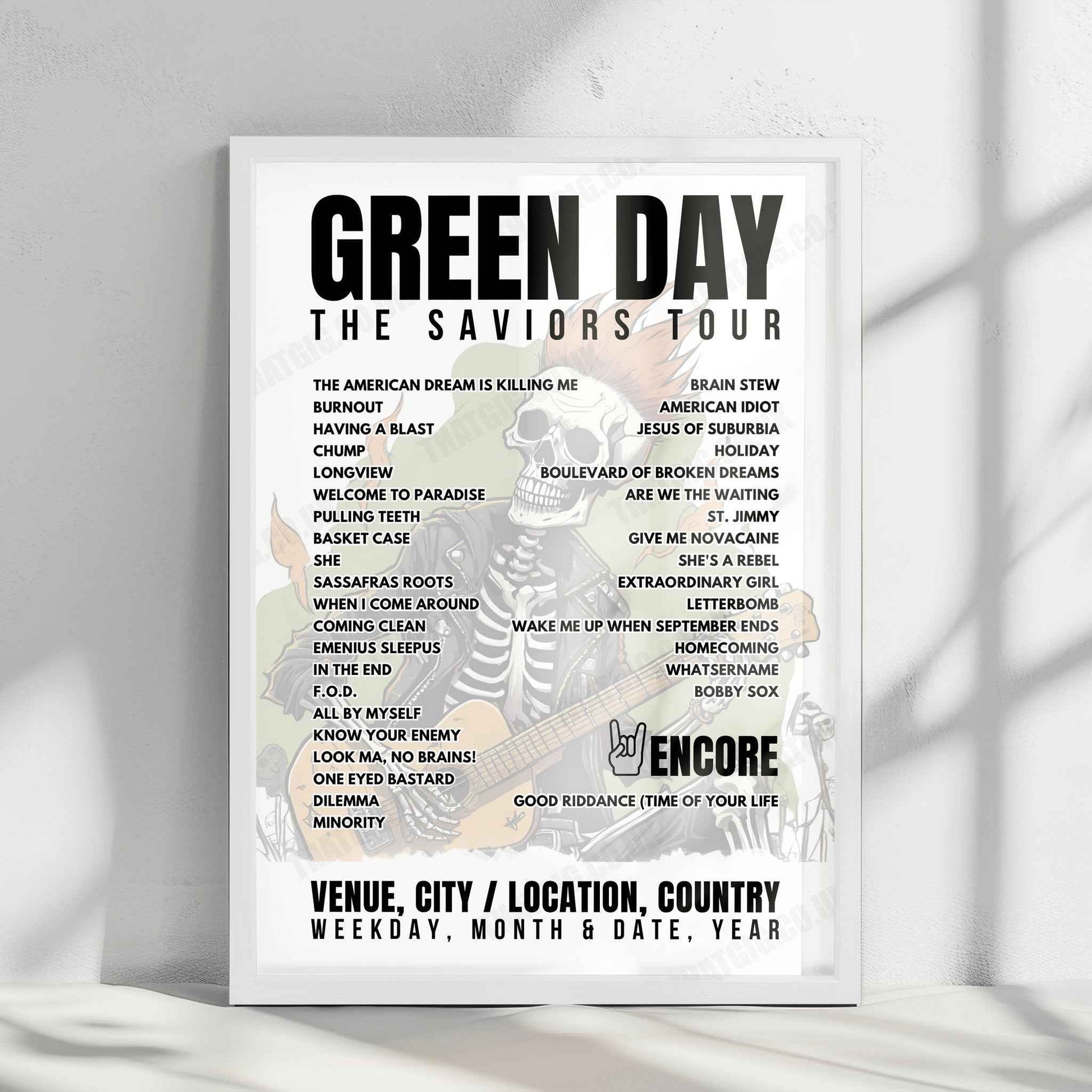 Green Day Setlist Poster - Mahalaxmi Race Course, Mumbai - March 9th, 2025