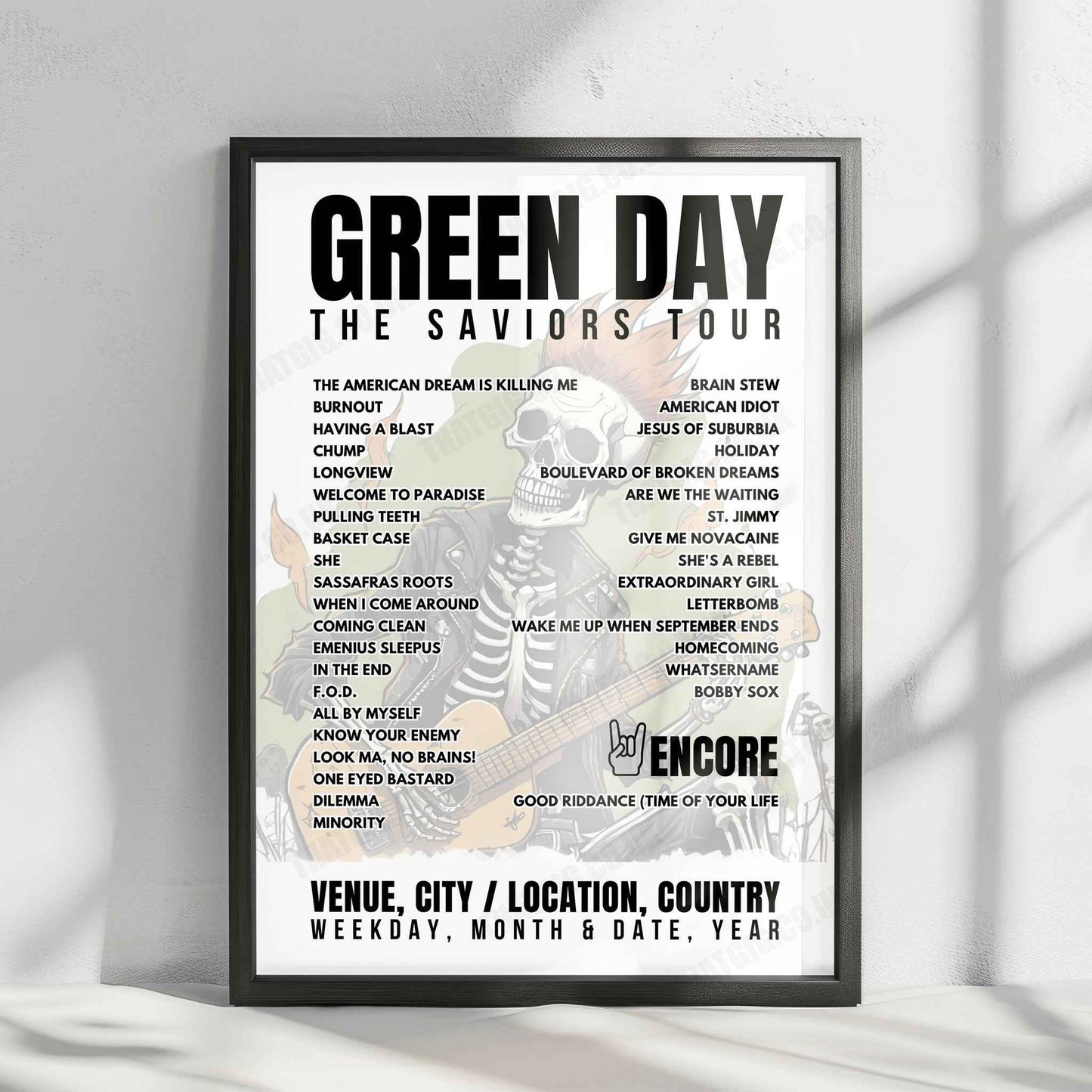 Green Day Setlist Poster - Mahalaxmi Race Course, Mumbai - March 9th, 2025