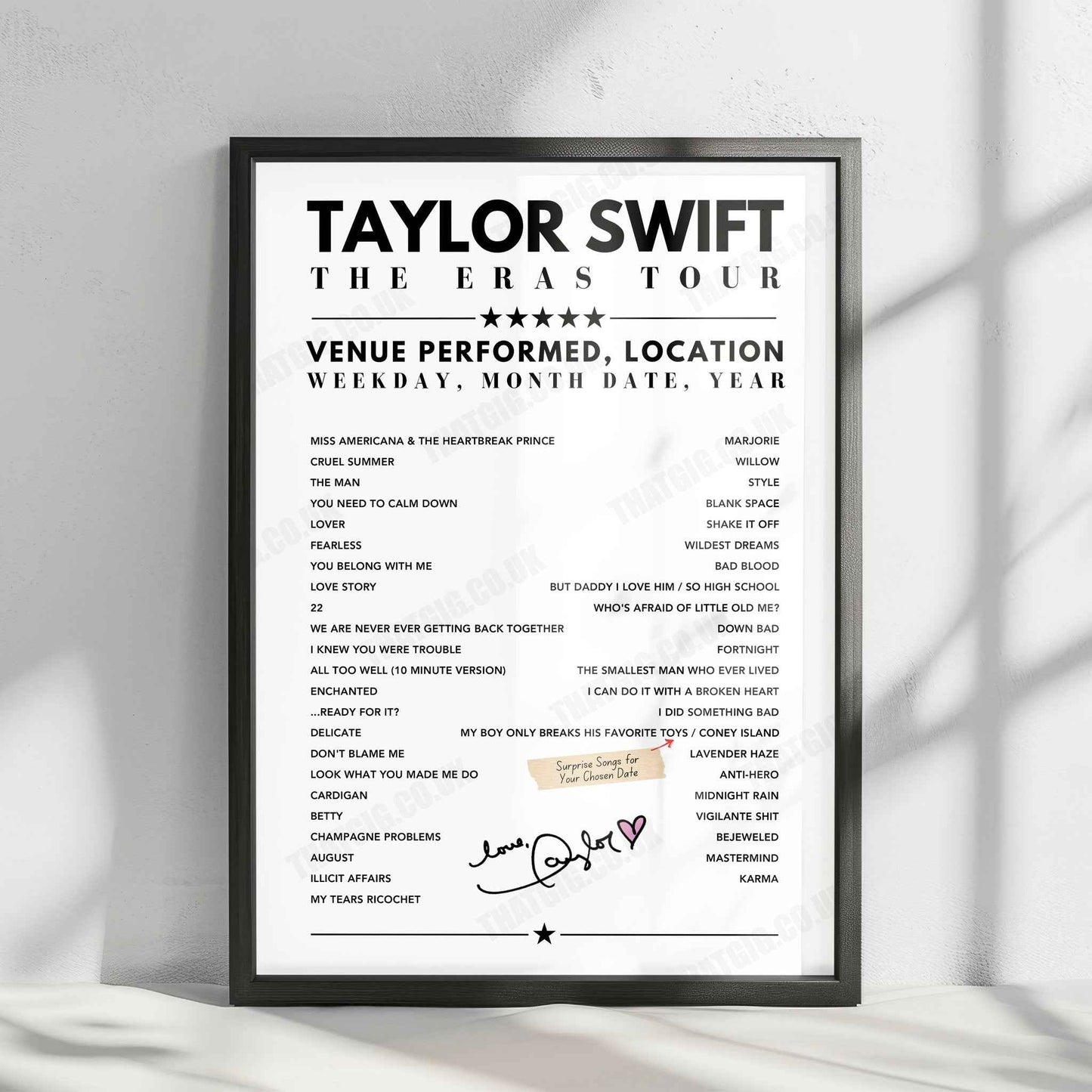 Taylor Swift Setlist Poster - National Stadium, Singapore - March 9th, 2024